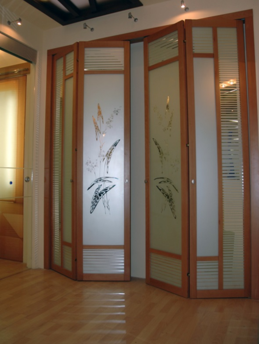 Широкие двери гармошка с матовым стеклом и рисунком Бийск